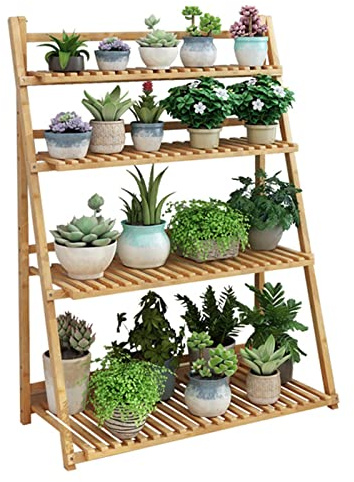 HJXGQJM Blumentreppe Klappbar,Bambus Blumenständer,4 Ebenen Blumenständer Pflanzentreppe for Innen-Balkon Wohzimmer Outdoor Garten Deko Massivholz-Blumenständer(Primary Color,70x122cm)