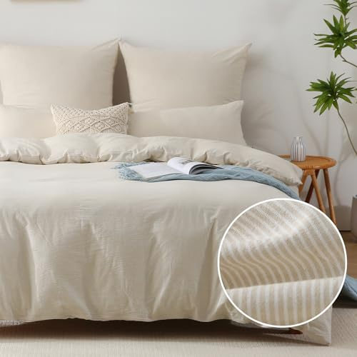 SOULFUL Bettwäsche 220x240 Baumwolle Gestreift Oeko-TEX Beige & Weiß | 100% Gewaschene Baumwolle Bettwäsche-Sets mit Reißverschluss Enthält 1 Bettbezug 220x240 und 2 Kissenbezüge 80x80