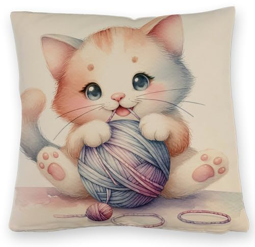 speecheese KatzenKissen mit Leinenoptik Kissen mit Leinenoptik Niedliches KätzchenKissen mit Leinenoptik Süße Haustier Spielzeug Katze Spielt mit Wollknäuel