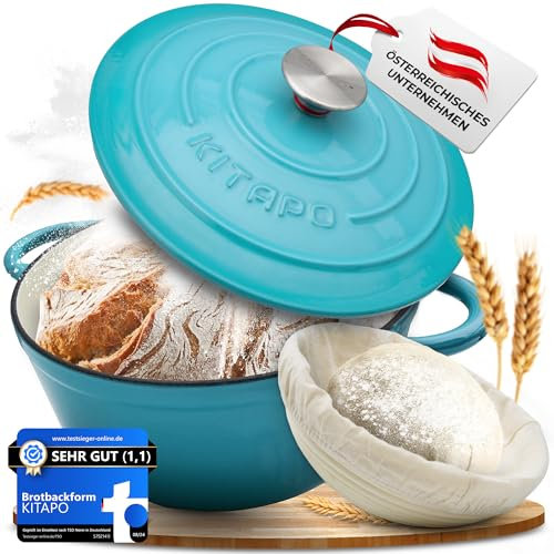 KITAPO Pentola in ghisa [incl. cestino per la lievitazione + panno per impasto] – Pentola smaltata di alta qualità 24 cm – ideale per cuocere il pane in ghisa – pentola per cuocere il pane e accessori
