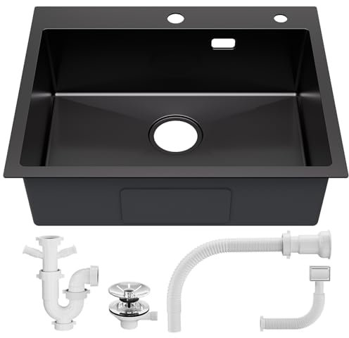 Sofetiy Évier de cuisine moderne, en acier inoxydable 60 × 48 cm, anthracite, encastré, pour meuble bas 60 cm