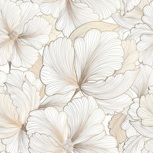 FunStick White and Gold Wallpaper Peel and Stick Gold Ginkgo Leaf Floral Wallpaper Mural for Bathroom Walls Self Adhesive Modern White Gold Beige Hibiscus Floral Contact Paper for Cabinets 17.5x118