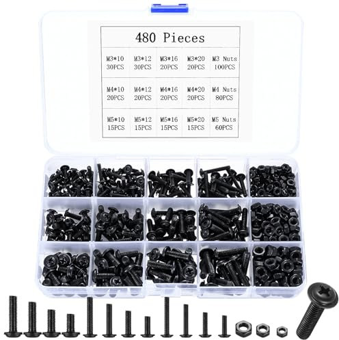 480 Pcs M3 M4 M5 Assorted Bolts and Nuts Set, Machine Screws Nuts and Bolts Set, Black Flat Head Washer Head Cross Head Thread Fastener Screws Assortment Set (480)