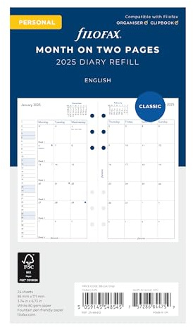 Filofax Calendar Diary Refill, Personal/Compact Size, Month-to-View, White Paper, English, 2025 (C68410-25)