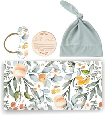 Baby Pucktücher Newborn Swaddle Decke Hut Set Baby Gedruckt Swaddles Säugling Einstellbar Schlafsack für 0-3 Monate Mädchen Jungen Neugeborenes Swaddle Set mit passendem Hut und Stirnband Schleife