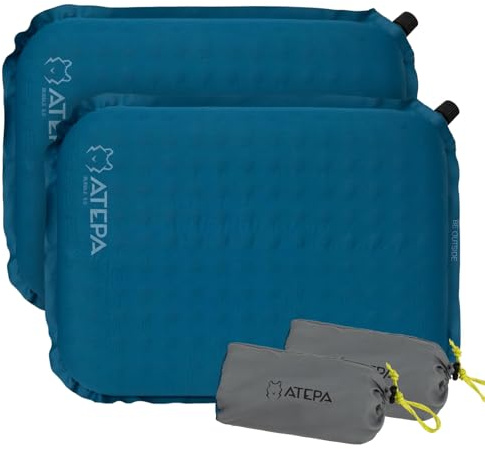 ATEPA Sitzkissen Outdoor, Aufblasbares Sitzkissen, 2er Pack Blau | 5 cm Selbstaufblasendes Sitzpolster aus Schaumstoff, Kompaktes Kissen für Stadion, Flugzeug, Camping, Wandern, Outdoor-Sport