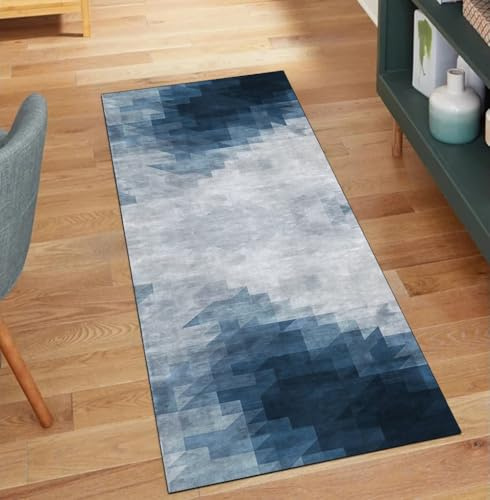 QQrunner Alfombra de pasillo antideslizante, abstracta, azul y gris, 100 x 600 cm, alfombra larga por metros, lavable, pasillo de cocina, pasillo, poliéster, salón, alfombra atrapa la suciedad