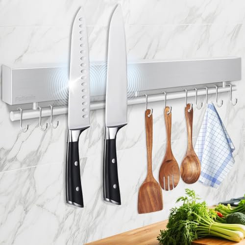 17 Inch Magnetic Knife Holder for Wall - Stainless Steel Magnet Knife Strip No Drill with 10 Hooks/Adhesive Tape/Screws, Kitchen Utensil Holder, Magnetic Knife Organizer, Wall Mounted Knife Storage