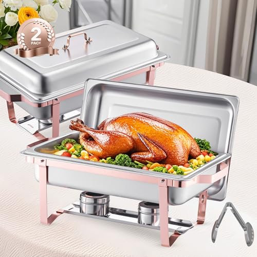 VEVOR Chauffe-Plat 2PCs 7,5 L, Buffet Chauffant Rectangulaire, Réchaud en Acier Inoxydable, avec 2 Bacs Pleine Taille et Couvercle, pour Buffet Libre-Service Hôtel Traiteur Restauration, Or Rose