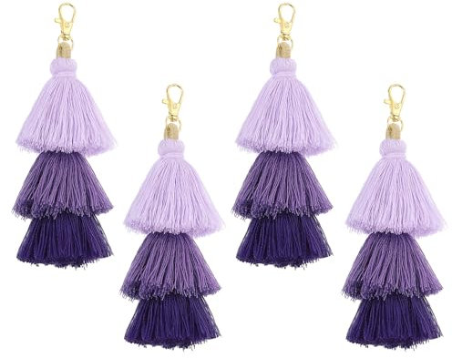 QUARKZMAN 4 Stück Dreischichtige Quasten 6,7 Zoll Quasten Taschenanhänger Böhmische Handgefertigte Schlüsselanhänger für DIY Projekte Schmuckherstellung (Hellviolett/Violett/Dunkelviolett)