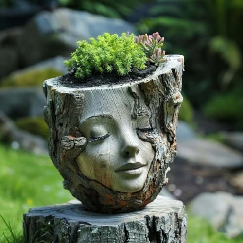 Keeplus Handmade Sleeping Wood Elf Art Flower Pot Decor, Pot de Fleurs en Forme de Visage avec tête de Pots de Fleurs pour Plantes d'intérieur en résine, Statue de Femme Mignonne pour décorer