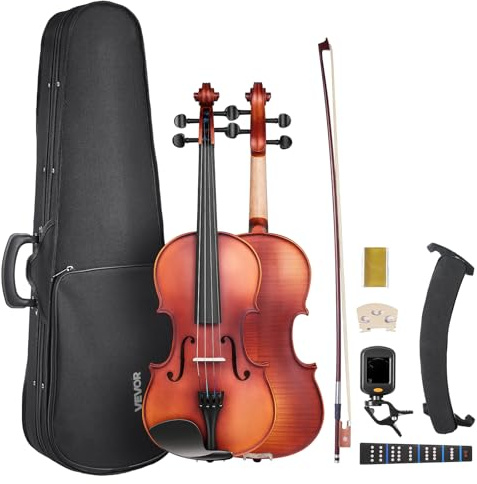 VEVOR Violin 4/4 Full Size for Adults, Violin Fiddle Set for Beginners Student with Hard Case, Rosin, Bow, Shoulder Rest,Bridge,Extra Strings,Professional Solidwood Instrument (Matte Brown Patterned)