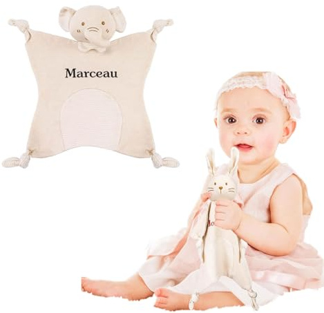 Generisch Personalisiertes Babydecke Kuscheltier mit Sticknamen Namen Schmusetuch Kuscheldecke Schnuffeltuch Strick Geschenk zur Geburt Baby Junge Mädchen, Bio-Baumwolle & Glöckchen