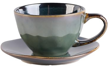 home&you - Teetasse Meala mit Untertasse, Teebecher, Kaffeetasse aus Steingut, 240 ml, Spülmaschinenfest, Mikrowellengeeignet, Kaffeebecher, Espresso, Cappuccino Tasse - Dunkelgrün