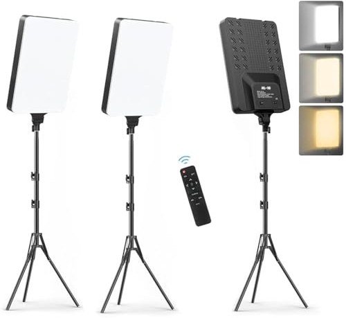 2X Panel de Iluminacion Fotografica Luz de Relleno Fotografia Videos Luces Led Pantalla 19 2700k-7500K, Trípode Regulable Filmación Zoom Videoconferencia TikTok con Mando (2 Luces - 2 Tripodes)