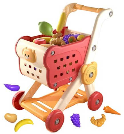 Mppchhn Kids Shopping Cart Toy, Pretend Play Shopping Cart With Kitchen Food Accessories, Interactive Grocery Store Games for Toddler Boys Teens Girls Children