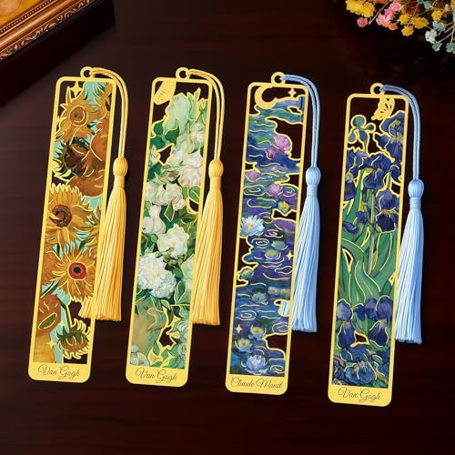 Vesavifaka 4 Stück Metall Lesezeichen Mit Quaste, Van Gogh Monet Motiv Personalisierte Lesezeichen Bookmarks, Süße Buchmarker Für Frauen, Lesezubehör Geschenk Für Buchliebhaber