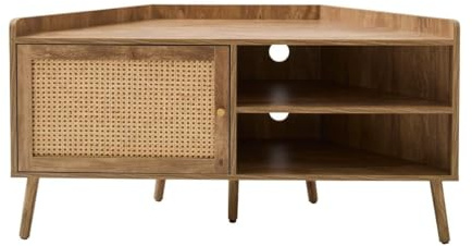 Calicosy TV-Eckschrank, 1 Rattantür und 2 offene Nischen – Füße aus Holz Dekor & goldfarbener Knopf – Kollektion Palmo – Wohnzimmer – L 120 x T 40 x H 60 cm