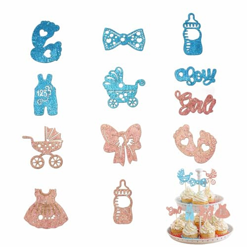 12 Pcs Boy or Girl Cupcake Toppers – Glitter Pink Blue Cake Picks – Baby Gender Reveal Decorations for Baby Shower Party Birthday Celebration – Cute Cupcake Decorations for Gender Reveal Event