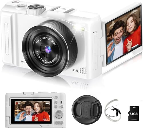 4K Digital Camera for Photography, 3 180° Flip Screen with 64GB Card