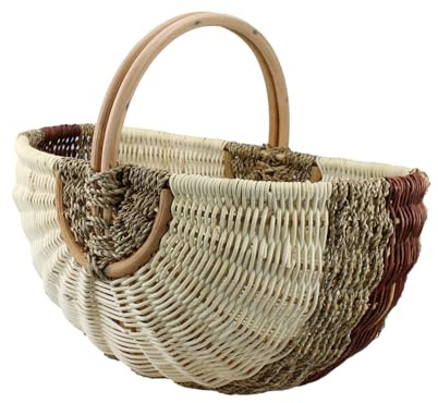 Großer Einkaufskorb aus Rattan & Seegras – Handgeflochtener Picknickkorb mit Henkel – 48x33x24 cm – Stabiler Marktkorb & Autokorb – Vintage Design Flechtkorb – Braun