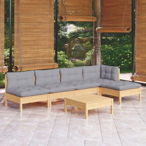 RCODSSK 6-TLG. Garten-Lounge-Set aus Kiefernholz mit grauen Kissen, Garten-Sitzgruppe aus Holz und Lounge-Set für Terrasse