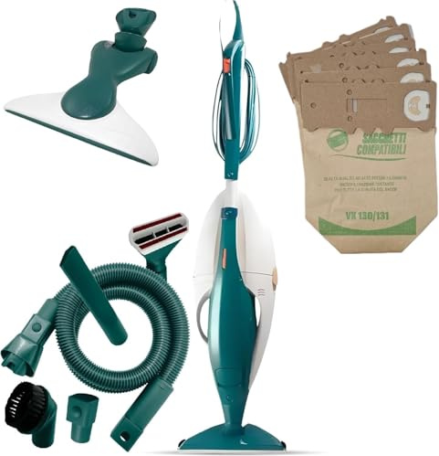 VORWERK FOLLETTO VK131 Rigenerato Come Nuovo – Aspirapolvere con Filo Completo di Accessori per la Pulizia Domestica - Garanzia e Assistenza incluse (HD40 con Supporto Verticale + 6 Sacchetti)