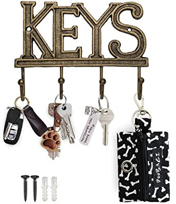 Comfify Key Holder for Wall “Keys Decorative Farmhouse Rustic Wall Mounted Key Holder - 4 Key Hooks - Home Vintage Key Rack for Entryway with Screws and Anchors – 6x8”- (Rustic Gold)
