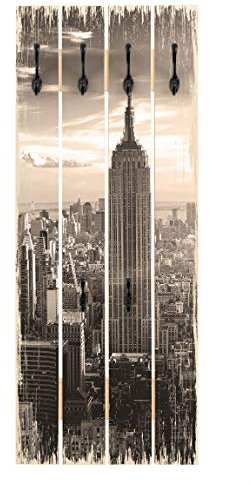 Motiv Wandgarderobe Holz Manhattan Skyline Kleiderhaken schwarz 100x40 cm