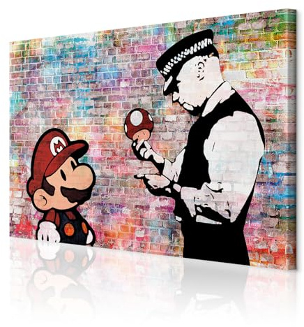 decomonkey Wandbilder Mario and Cop Banksy 90x60 cm 1 Teilig Leinwandbilder | Strukturleinwand, Holzkeilrahmen, Bild auf Leinwand, Kunstdruck, Wanddeko, Wohnzimmer, Wanddekoration, Street Art, Ziegel