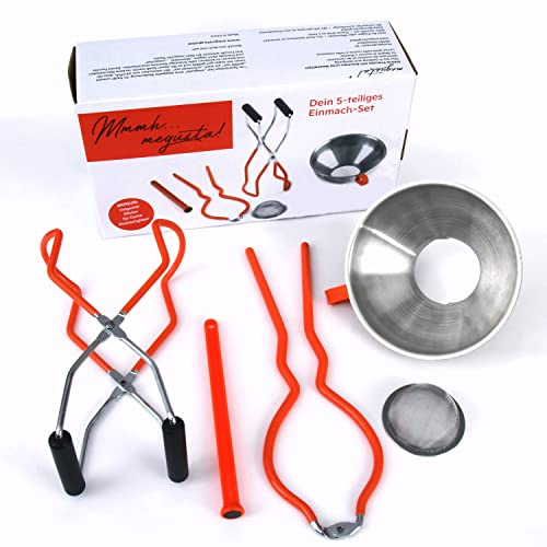 megusta® Einmachset 5-teilig, Marmeladentrichter, Glasheber + Deckelöffner | Trichter Edelstahl Ø 14 cm, Mund 5,2 cm, feines Sieb, Magnetstift für Deckel, spülmaschinenfest, + Bonus: Einmach-Etiketten