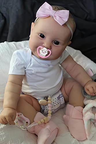 MineeQu 24 Zoll 60CM Lebensechte Riesige Babygröße Gemaltes Haar Süßes Lächeln Kuschelige Babys Wiedergeborene Babypuppen Geschenkset Realistische Neugeborene Kleinkindpuppen die echt Aussehen