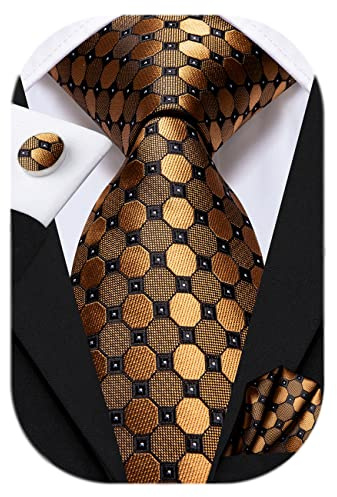 Hi-Tie herr slips set silke slips med ficka fyrkantiga manschettknappar set randig slips för bröllop affärer, Brun prick, M