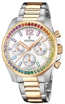 Festina Orologio Donna Analogico Acciaio Inossidabile 316L Argento - Quarzo Cronografo - Vetro minerale alta resistenza - Impermeabile 10 ATM F20608/2 - Boyfriend Collection