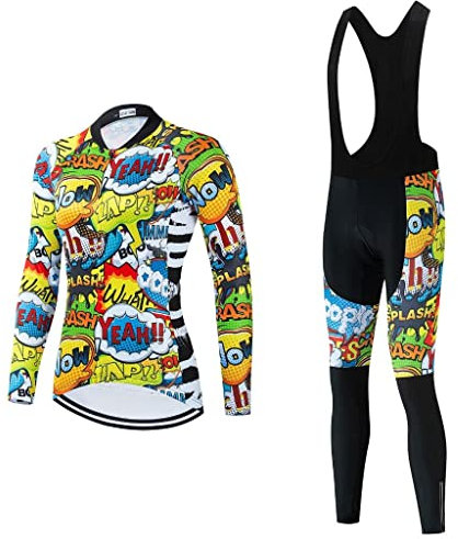 Moxilyn Damen Radtrikot Sets Langarm Fahrradtrikot +Fahrradhose mit 20D Gel,Winter Radjacke, Schlank, Winddicht Schnell Trocknend Gemütlich Bright T Shirt Radsport