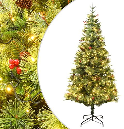 vidaXL Belyst julgran med kottar grön 120 cm PVC&PE