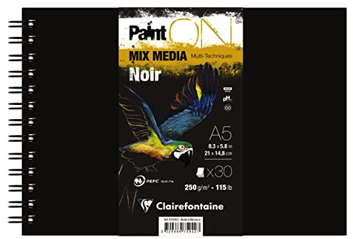 Clairefontaine 975942C - Carnet Spiralé PaintON Multi-techniques - 30 Feuilles Papier Dessin Multi-techniques au Grain Légèrement Rugeux - Noir - A5 14,8x21 cm 250g