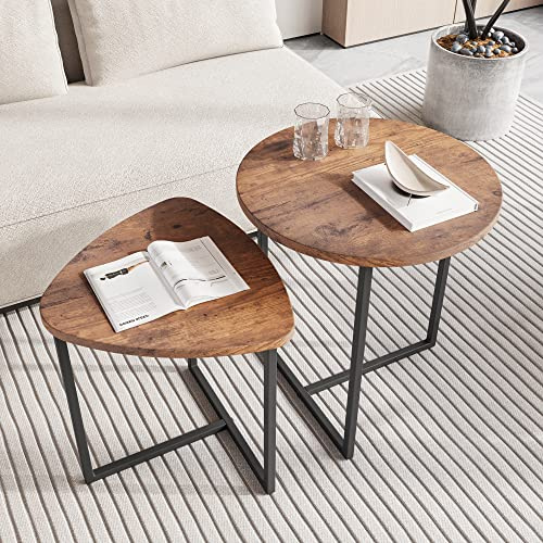 HOJINLINERO Runt soffbord set med 2, små kaffebord, runt sidobord, industriellt sidobord, hållbar metallram med träutseende accentmöbler, soffbord för vardagsrum, brunt