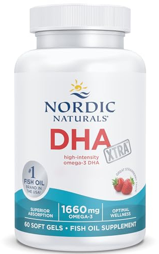 Nordic Naturals DHA Xtra 1660 mg, cápsulas de Omega 3 de alta potencia con aceite de pescado y EPA y DHA, sabor fresa, 60 cápsulas blandas, sin soja, sin gluten