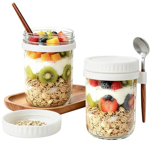 Jogoico Overnight Oats Jar, 2 Tarros de Cristal con Tapa y Cuchara, Tarros de Avena Durante la Noche, Reutilizable Porta Yogurt y Cereales Mason Jar con Medidor Para Leche Fruta (Blanco,350ml)