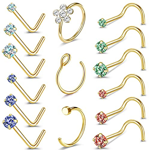 ZS 20G Korkskruv L-formade näsringar för kvinnor, kirurgiskt stål guld näsringar ring, röd grön diamant näsborre nitar näsa piercingar smycken, Kristall Diamant Ädelsten, Kubisk zirkon