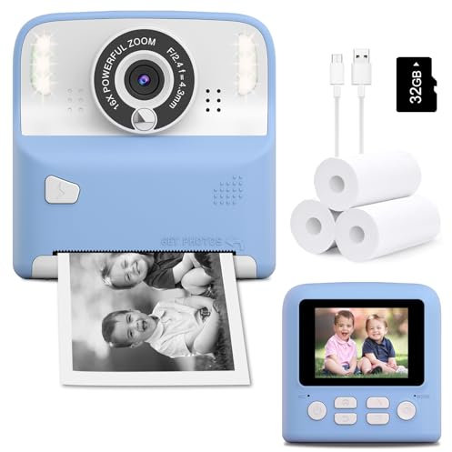 Instant Print Camera for Kids, Christmas Birthday for Age 3-12 Girls Boys Gifts, Inkless Thermal Printing Black&White Photo Children Selfie Digital Video Cameras for Toddler Toys with 32GB Card (Blue)