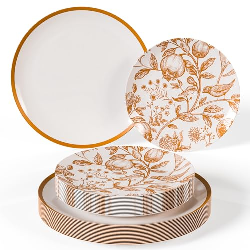 Trendables 40 Piece Plastic Disposable Plates Set For 20 Guests I 20 X 8 Inch Dessert Plates & 20 X 10 Inch Disposable Plastic Plates | Thanksgiving Plates | White & Brown Pomegranate Design