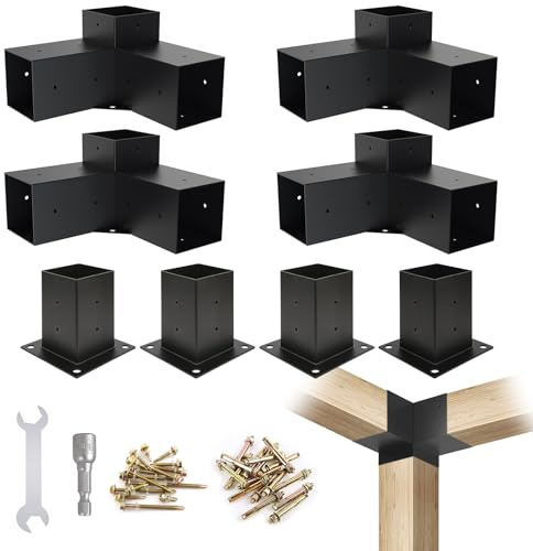 Kinchoix 4x4 Woodworks Pergola Brackets Kit, 3-Way Corner Extension Brackets, Black Powder Coated, 4x4 Metal Brackets for Wood Beams, Fence, and Carport (Actual: 3.5x3.5), SKU00053-3T4P