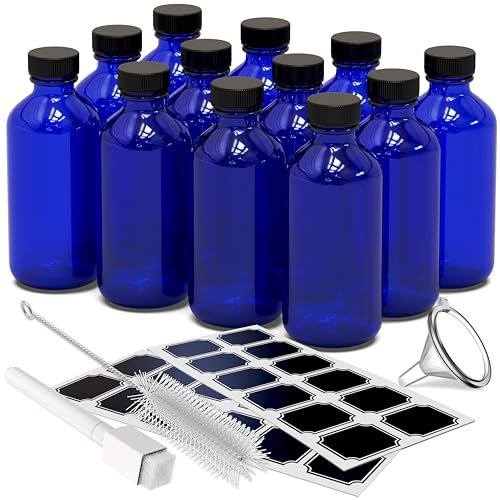 Nevlers Paquete de 12 botellas de vidrio de 8 onzas con tapas, botellas redondas Boston a prueba de fugas, botellas de vidrio azul con tapas, botellas de vidrio pequeñas para extracto de vainilla
