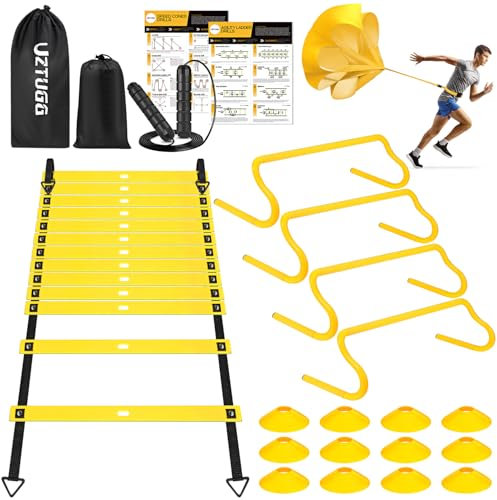 Soccer Training Equipment, Agility Ladder Speed Training Equipment, 20ft Agility Ladder, Jump Rope, 12 Soccer Cones, 4 Hurdles, Running Parachute, Basketball Football Fitness Training Equipment