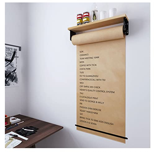 Kraftpapierrollen-Displayhalter für Erwachsene/Kinder, an der Wand montierter Notizpapierspender und -Schneider mit Holzregal und 50 m Papierrolle (Größe: 100 cm/39,4 Zoll breit)