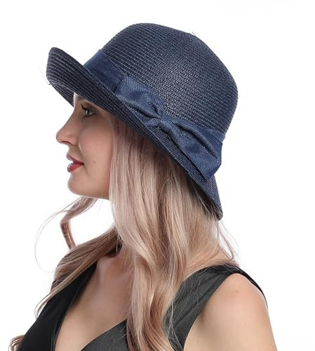 Generisch Damen Strohhut Fedora Trilby Hüte Eleganz Panama Hut mit Bowknot Faltbar Sommerhut Sonnenhut UV-Schutz Strandhut mit Breite Krempe für Strand, Urlaub, Reisen
