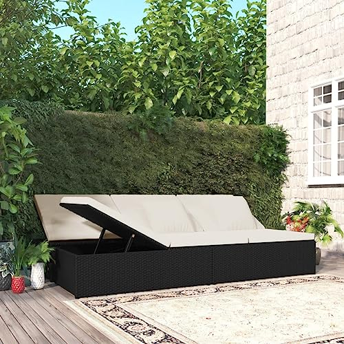 Hommdiy Sonnenliege mit Auflagen Verstellbar Gartenmöbel Liege Gartenliege Liegestuhl Relaxliege Sonnenbett Doppelliege Poly Rattan Schwarz