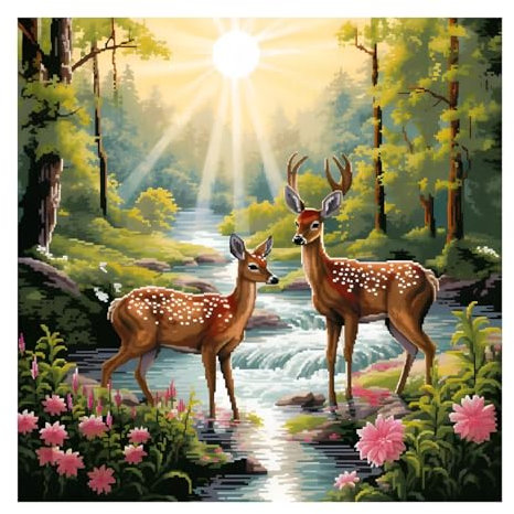 cukol cukol Kit Punto Croce Cervo, Schemi Quadri Set Ricamo Punto Croce Kit da Ricamare Principianti Starter Prestampato Stampato Completo Bambini Animale Cross Stitch Embroidery Ricami 40 x 40 cm